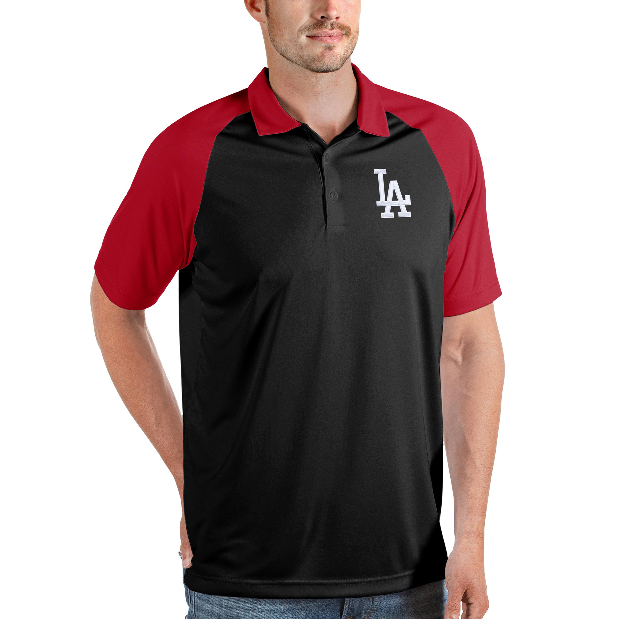 Men's Antigua Black/Red Los Angeles Dodgers Nova Polo