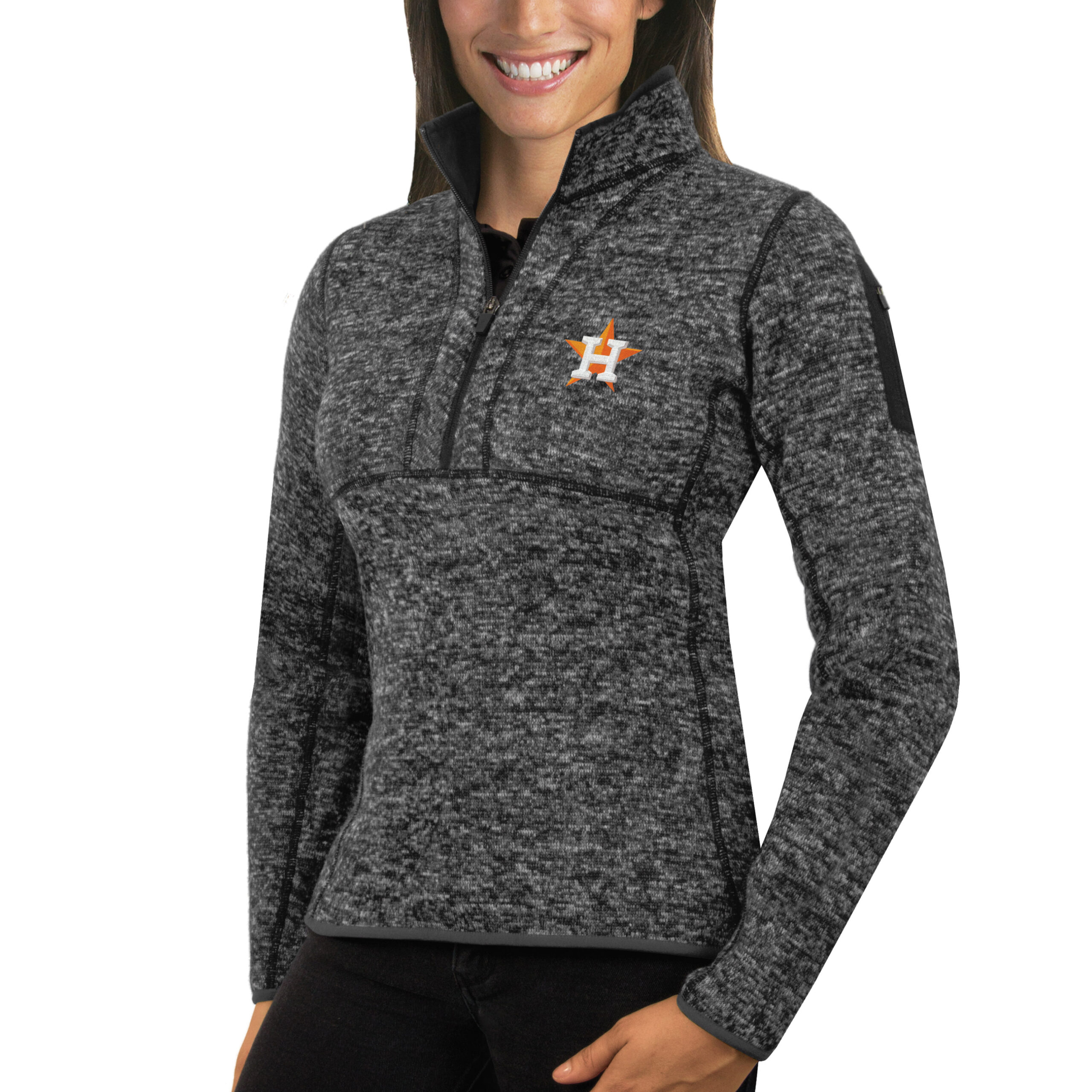 Women’s Antigua Heathered Charcoal Houston Astros Fortune Half-Zip Pullover Sweater Houston Astros Fan Edition