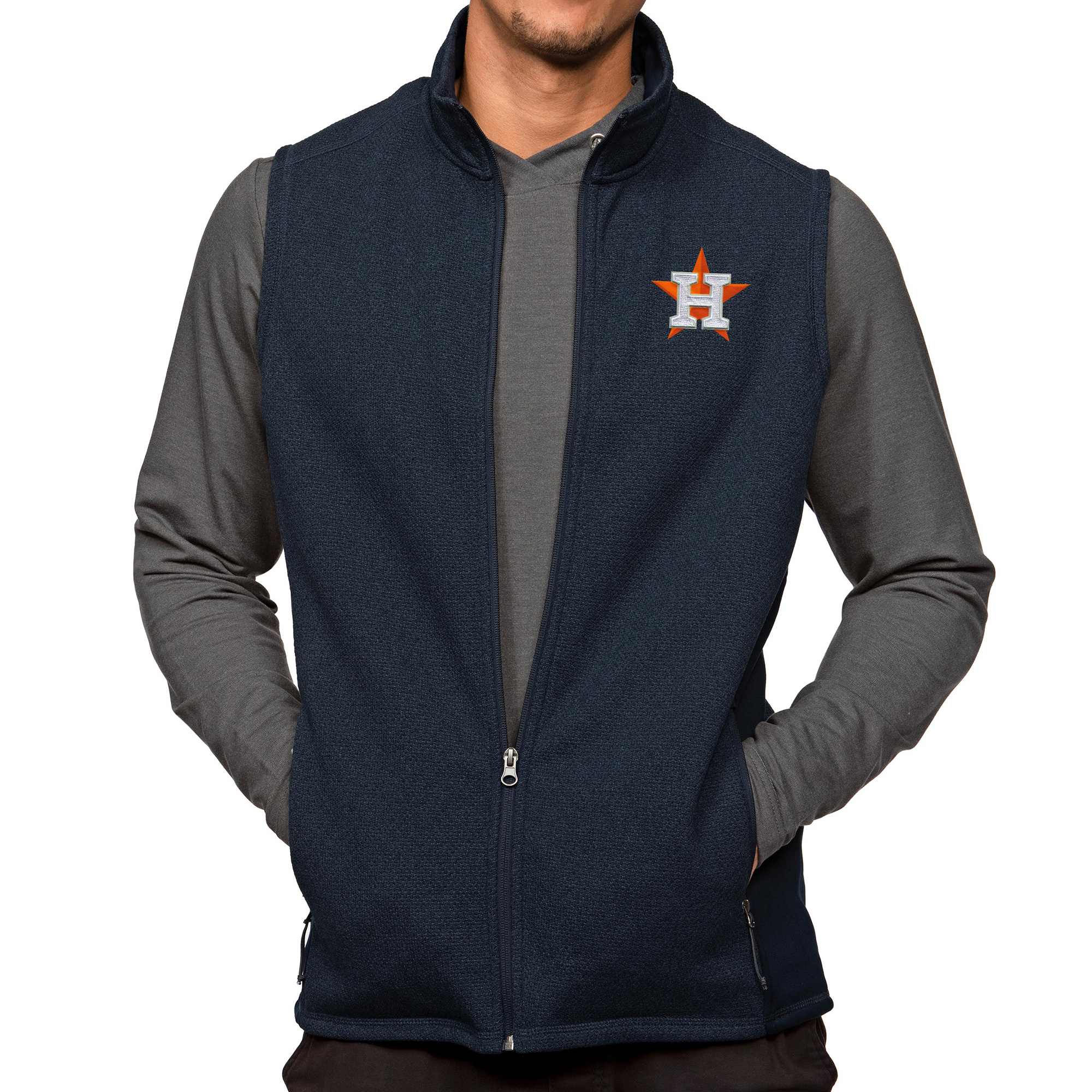 Men’s Antigua Heathered Navy Houston Astros Course Full-Zip Vest Houston Astros Fan Edition