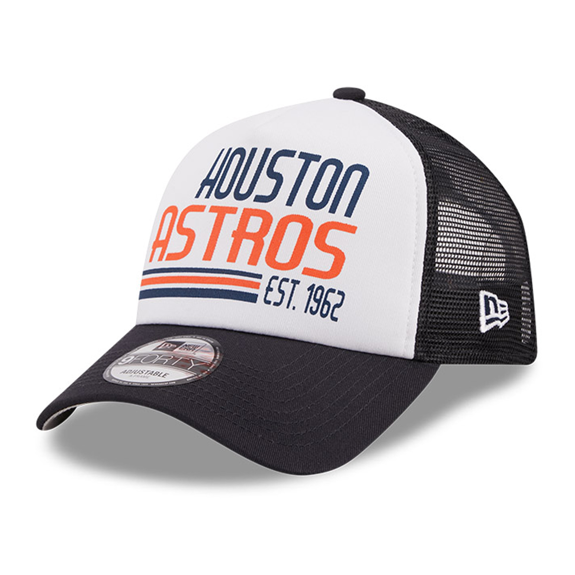 Men’s New Era White/Navy Houston Astros Stacked A-Frame Trucker 9FORTY Adjustable Hat Houston Astros Fan Edition