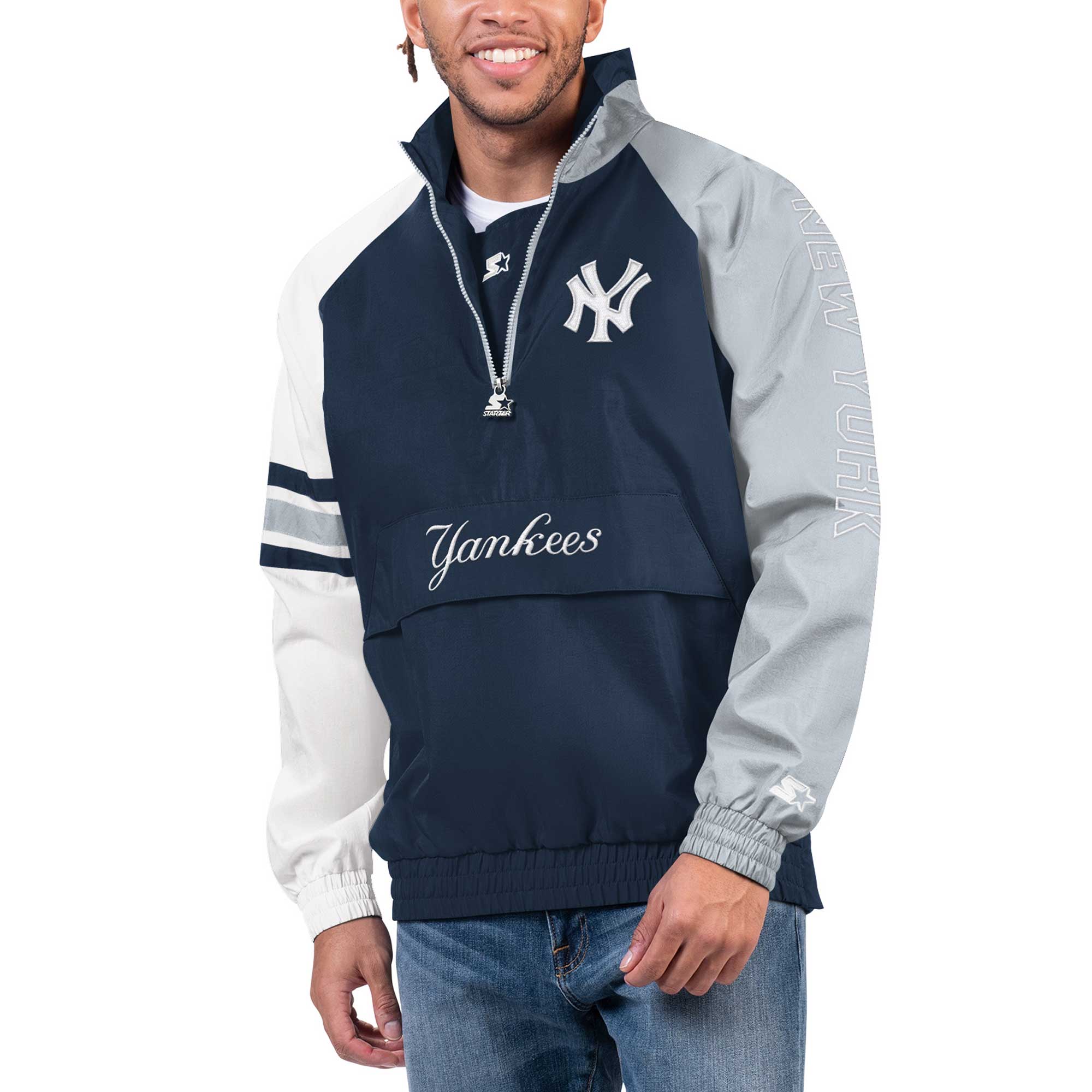 Men’s Starter Navy/Gray New York Yankees Elite Raglan Half-Zip Jacket