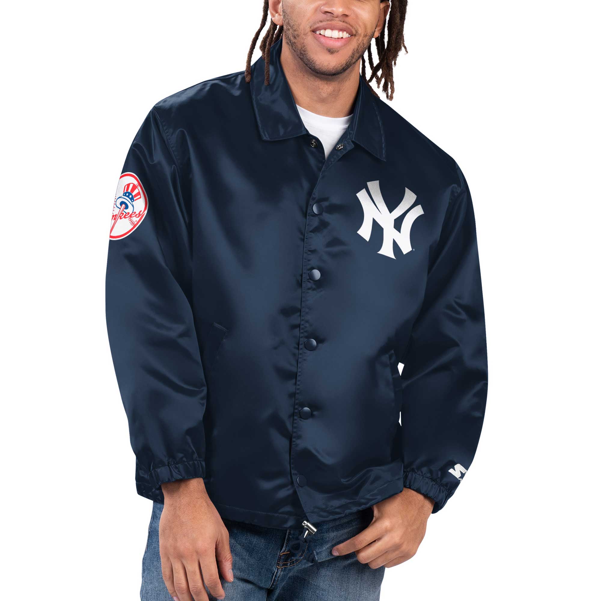 Men’s Starter Navy New York Yankees Option Route Satin Full-Snap Jacket