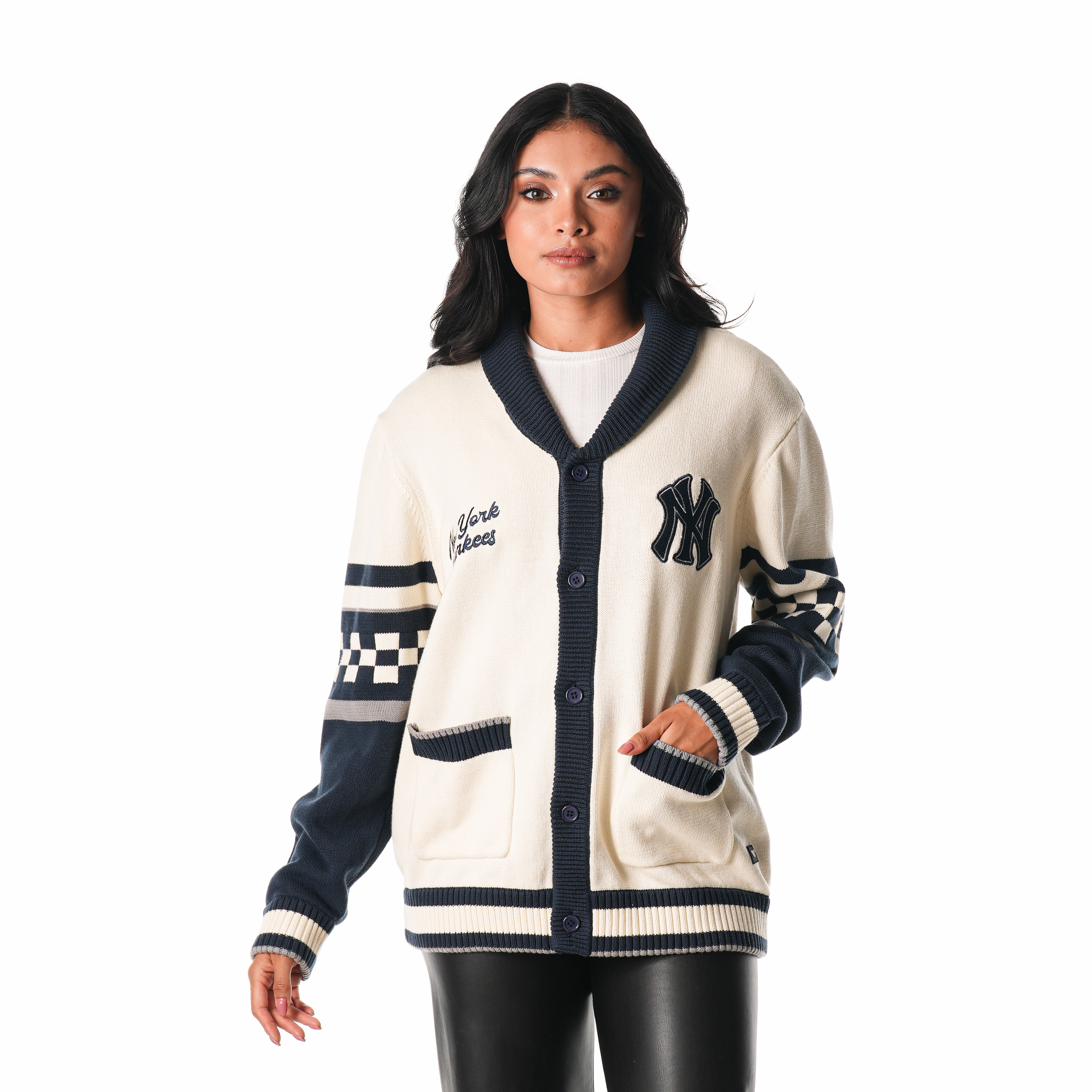 Women’s The Wild Collective Cream New York Yankees Jacquard Full-Button Sweater