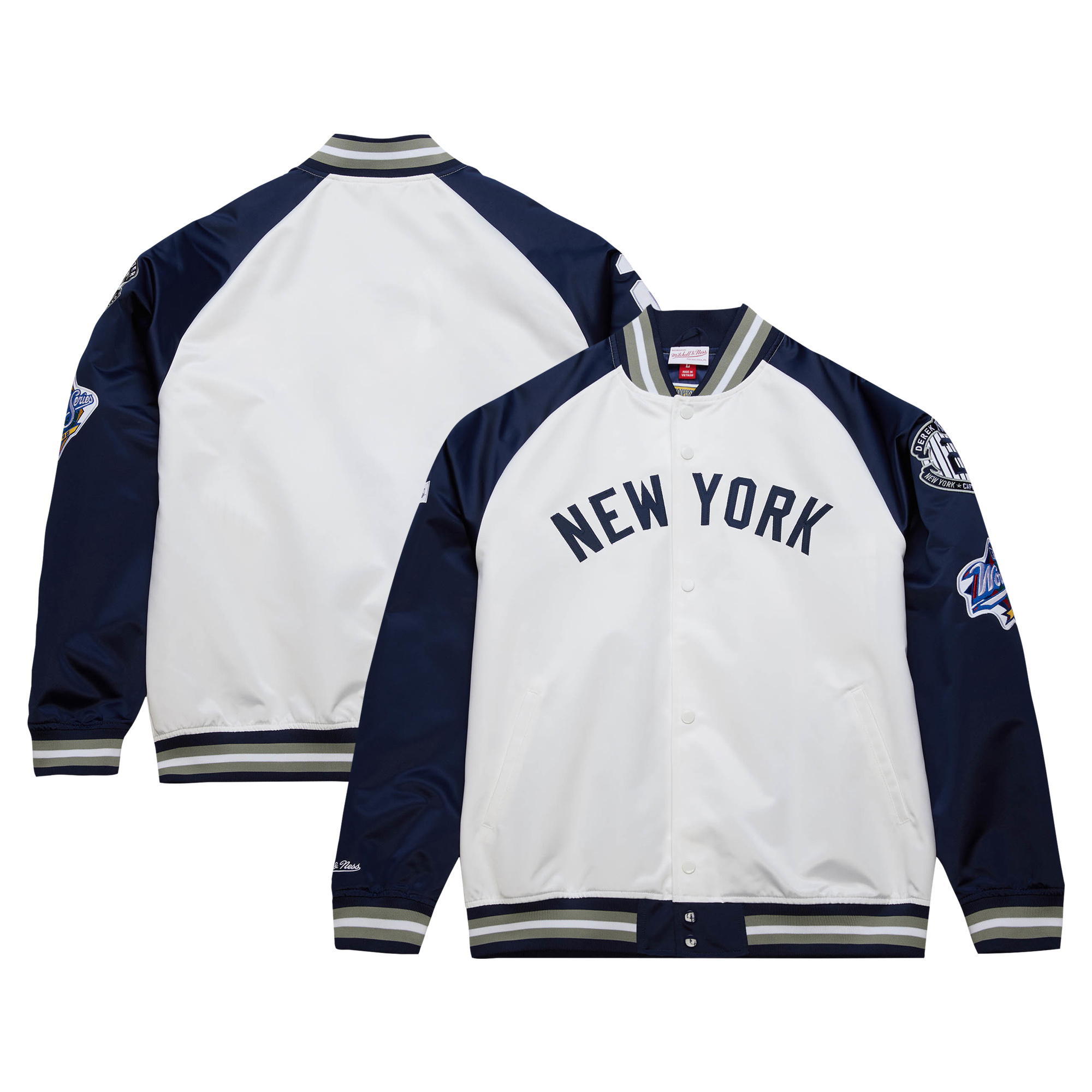 Men’s Mitchell & Ness Derek Jeter?áWhite/Navy New York Yankees Cooperstown Collection Legends Lightweight Satin Raglan Full-Snap Jacket