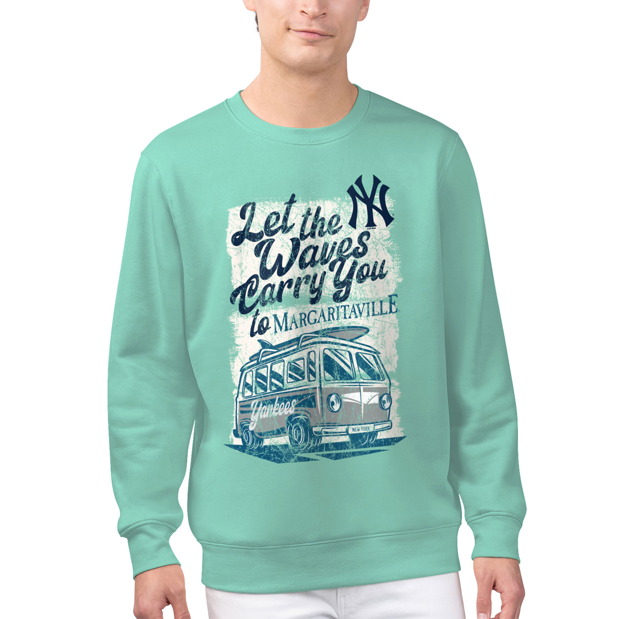 Men’s Margaritaville Mint New York Yankees Bus Waves Graphic Pullover Sweatshirt