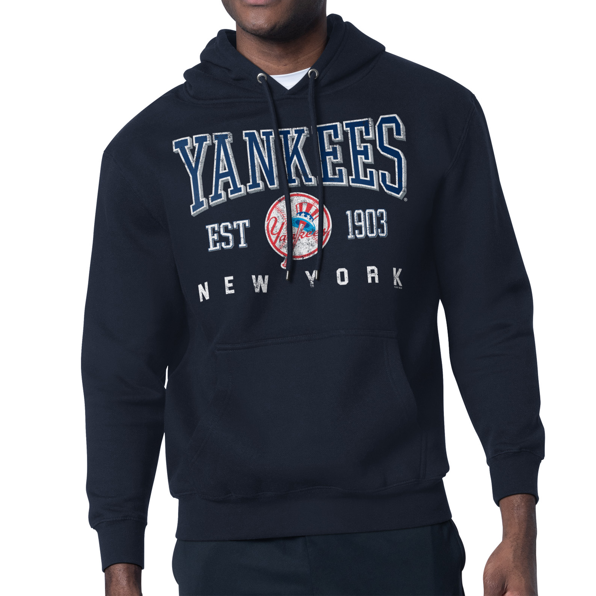Men’s Starter Navy New York Yankees Distressed Fleece Pullover Hoodie