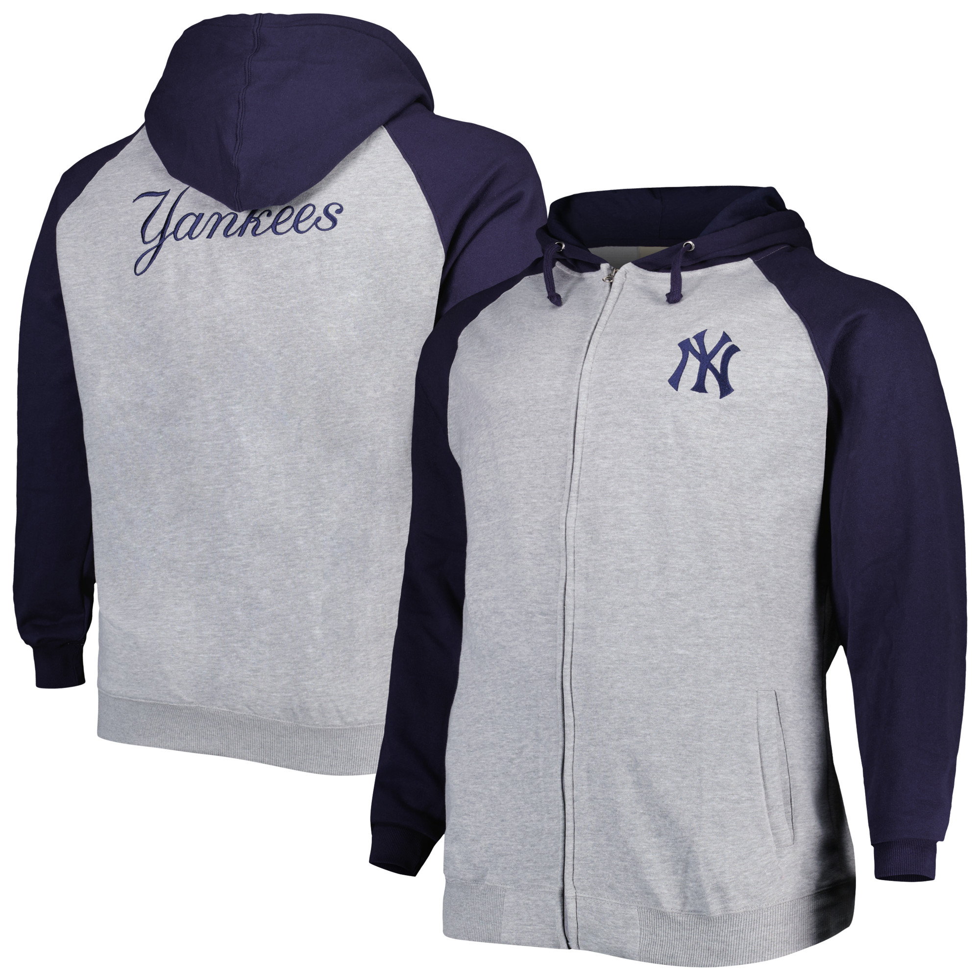 Men’s Heather Gray/Navy New York Yankees Big & Tall Raglan Hoodie Full-Zip Sweatshirt