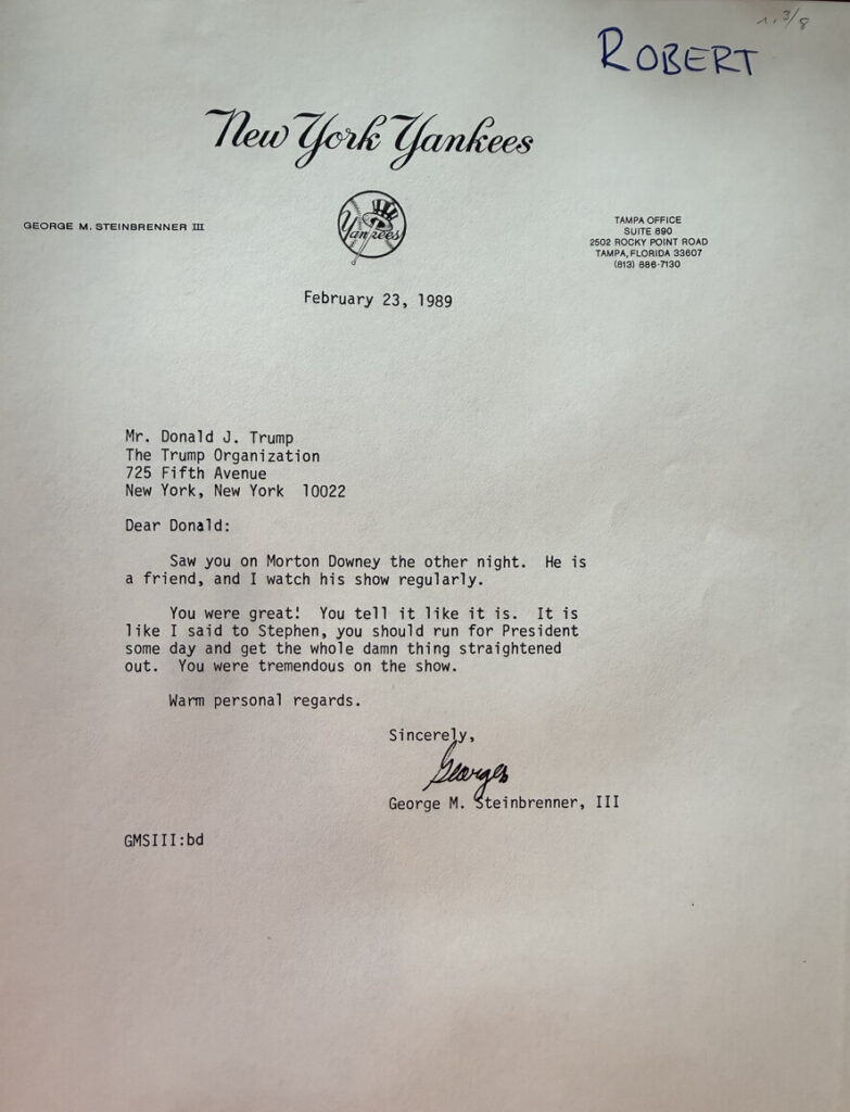 Trump Shares Letter From Yankees Legend George Steinbrenner Urging Him to Run for President