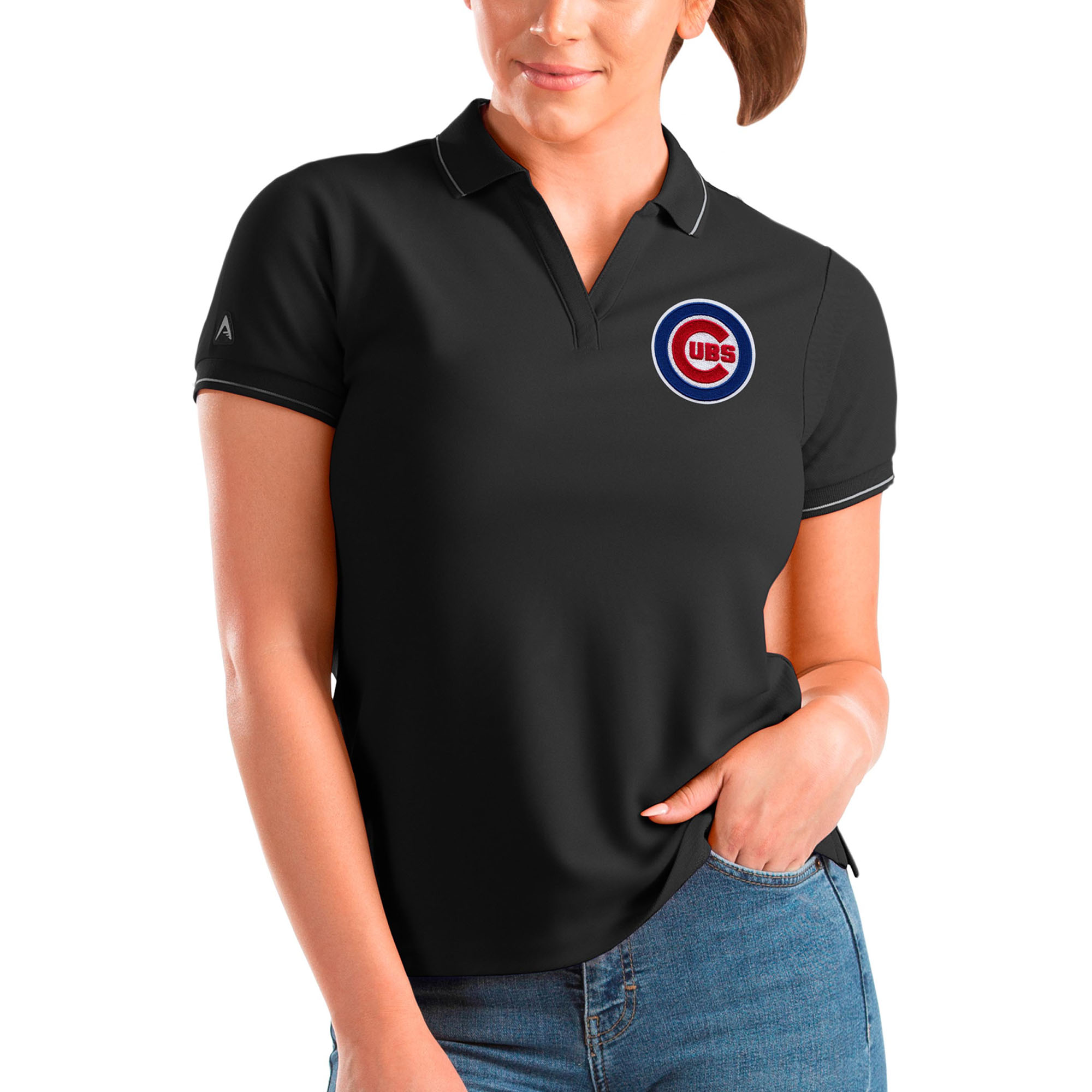 Women’s Antigua Black Chicago Cubs Affluent Polo