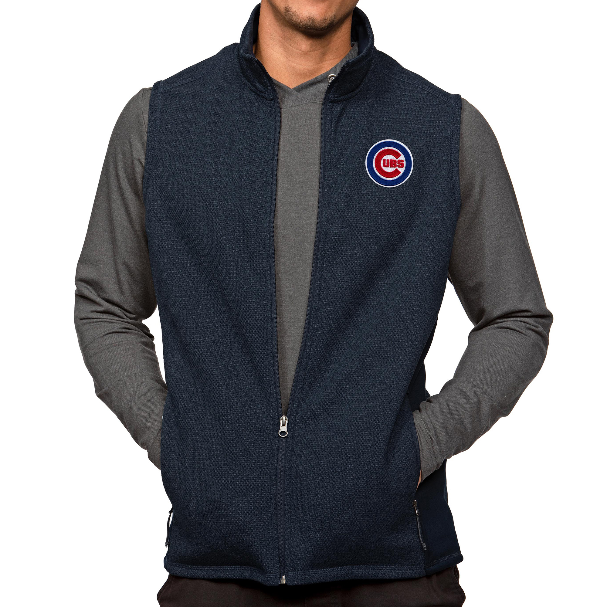 Men’s Antigua Heathered Navy Chicago Cubs Course Full-Zip Vest