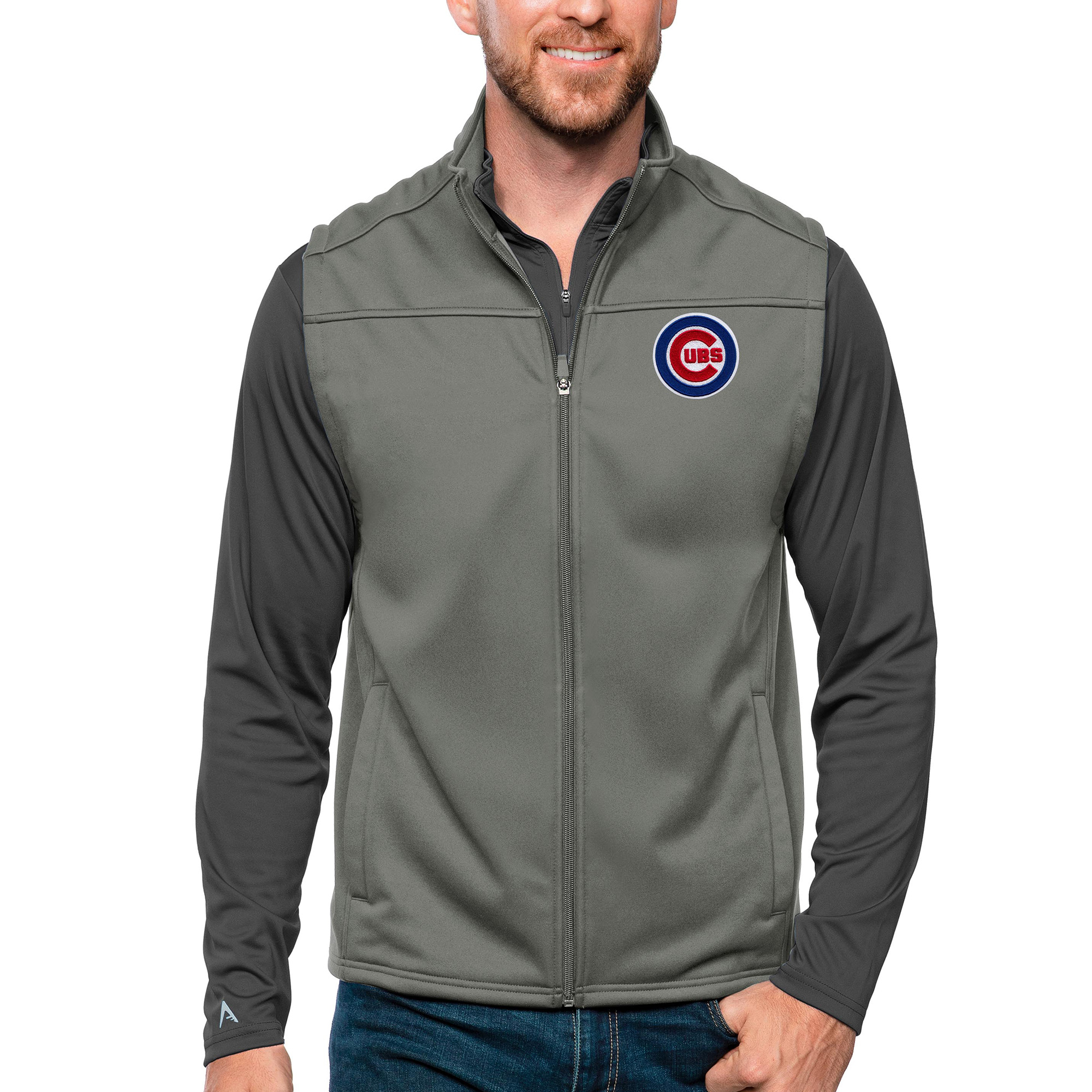 Men’s Antigua Steel Chicago Cubs Links Full-Zip Golf Vest