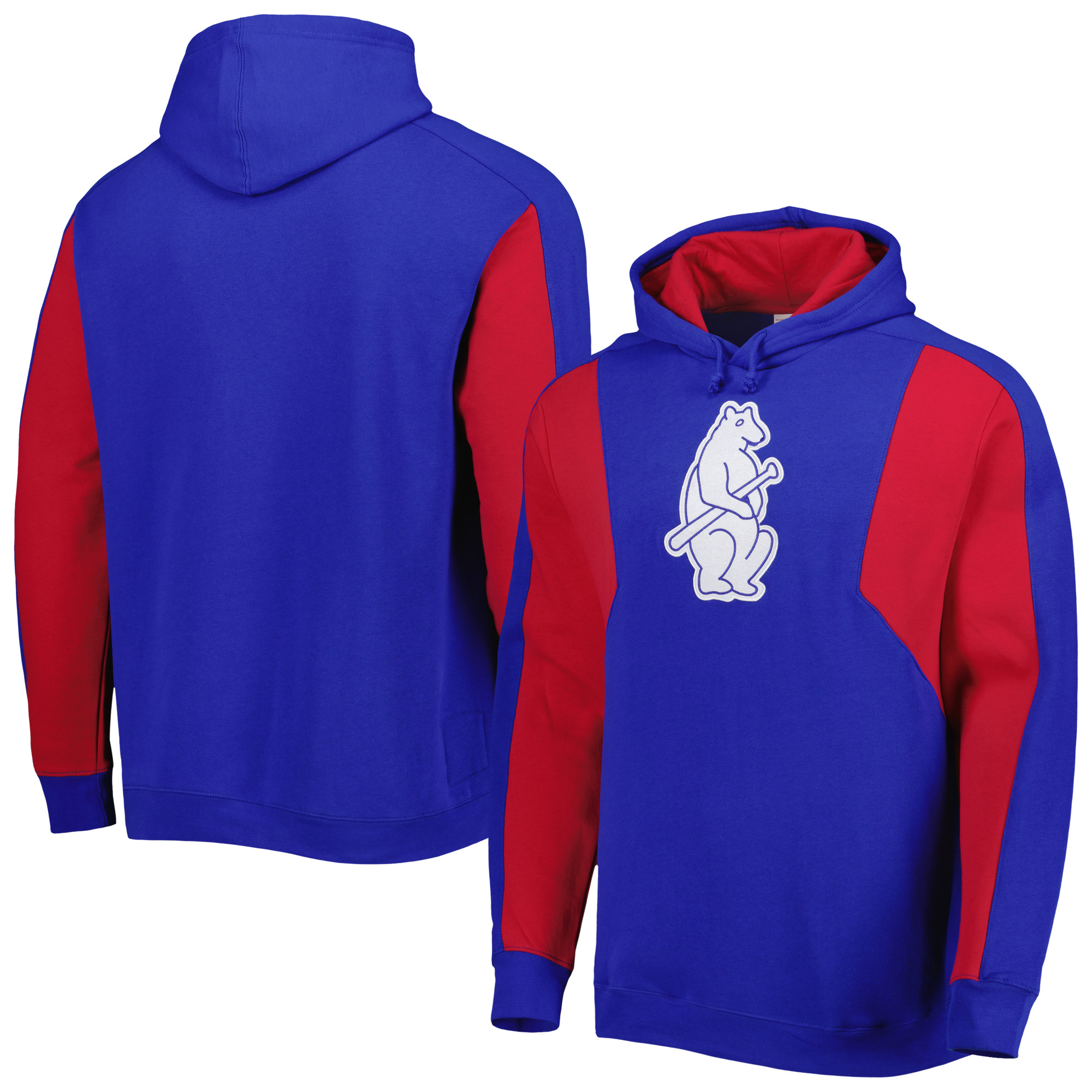 Men’s Mitchell & Ness Royal/Red Chicago Cubs Colorblocked Fleece Pullover Hoodie