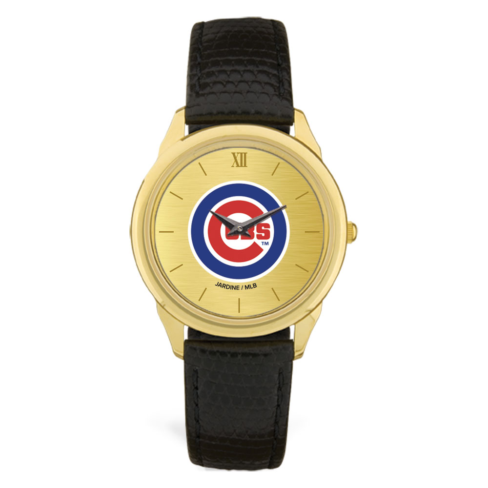 Men’s Black Chicago Cubs Gold Dial Leather Wristwatch