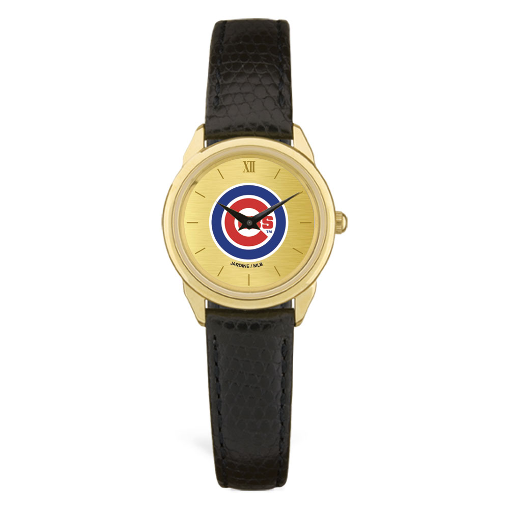 Women’s  Black Chicago Cubs Gold Dial Leather Wristwatch