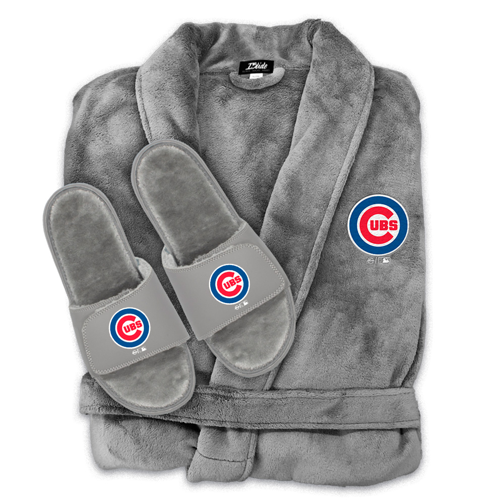 Unisex ISlide Gray Chicago Cubs Faux Fur Slide Sandals & Robe Bundle