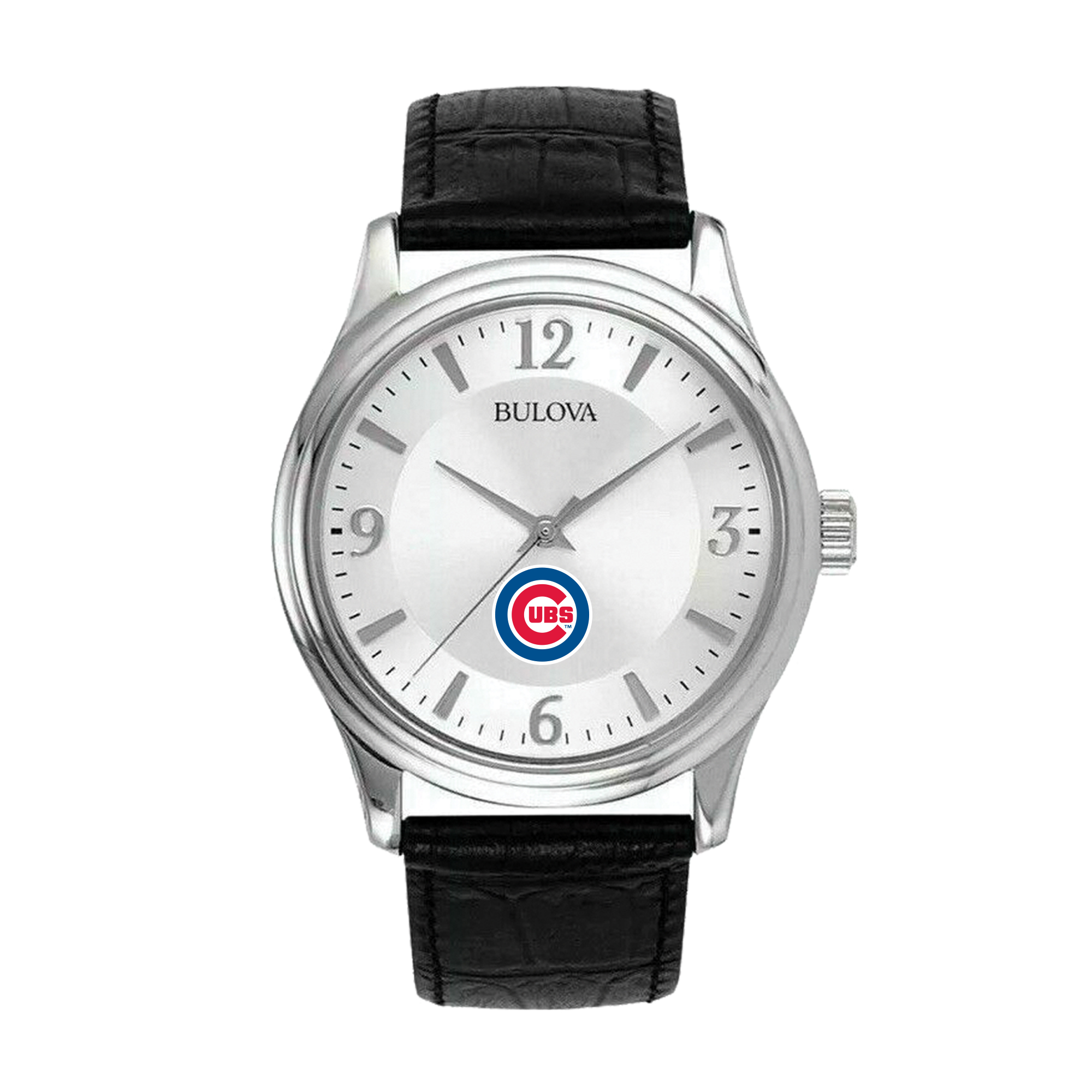 Men’s Bulova Silver Chicago Cubs Leather Strap Watch