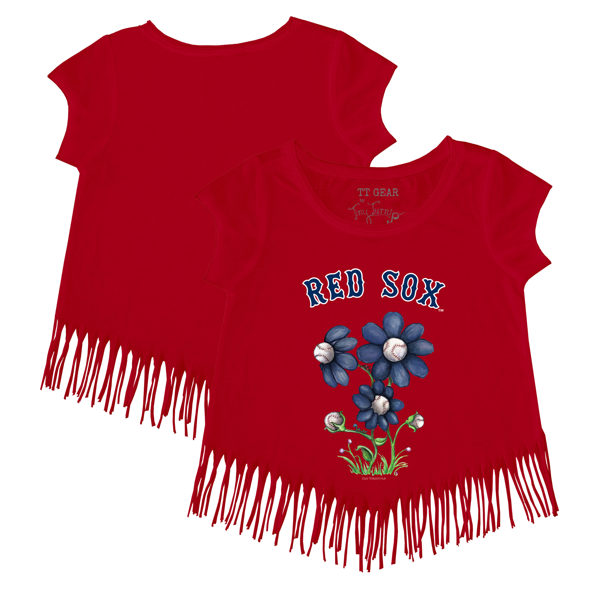 Girls Toddler Tiny Turnip Red Boston Red Sox Blooming Baseballs Fringe T-Shirt