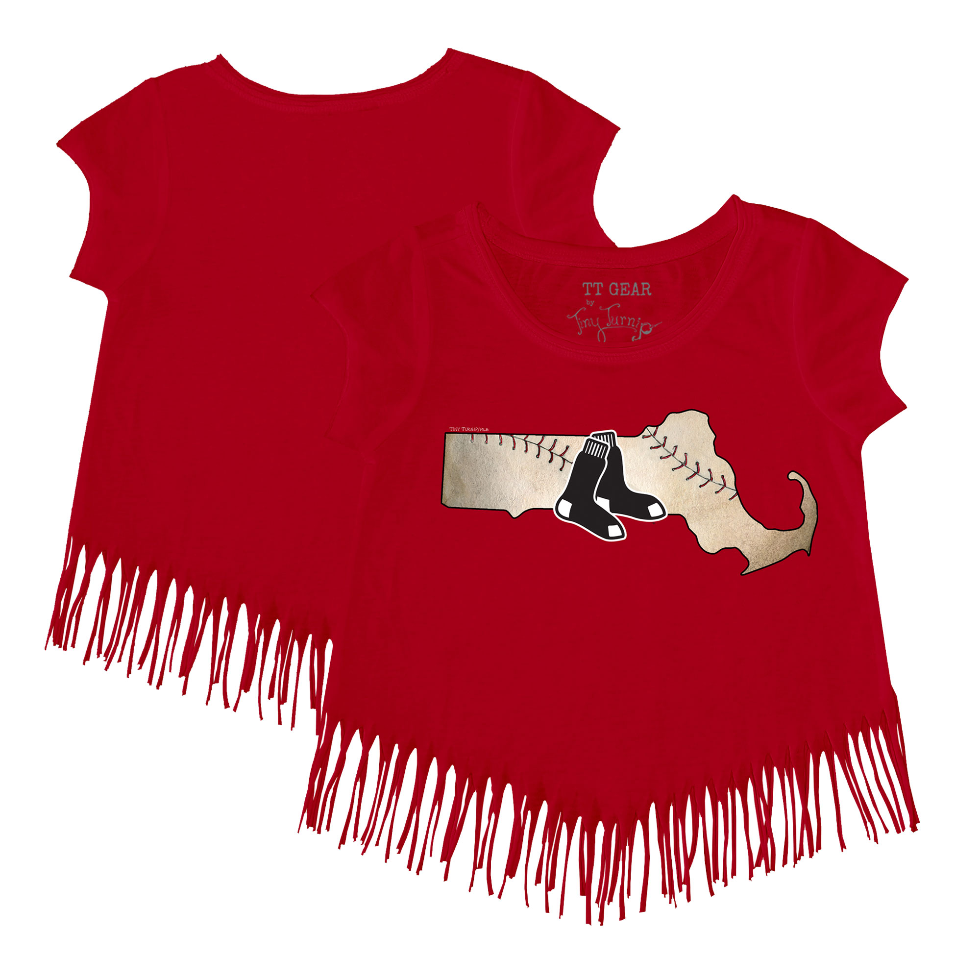 Girls Toddler Tiny Turnip Red Boston Red Sox State Outline Fringe T-Shirt