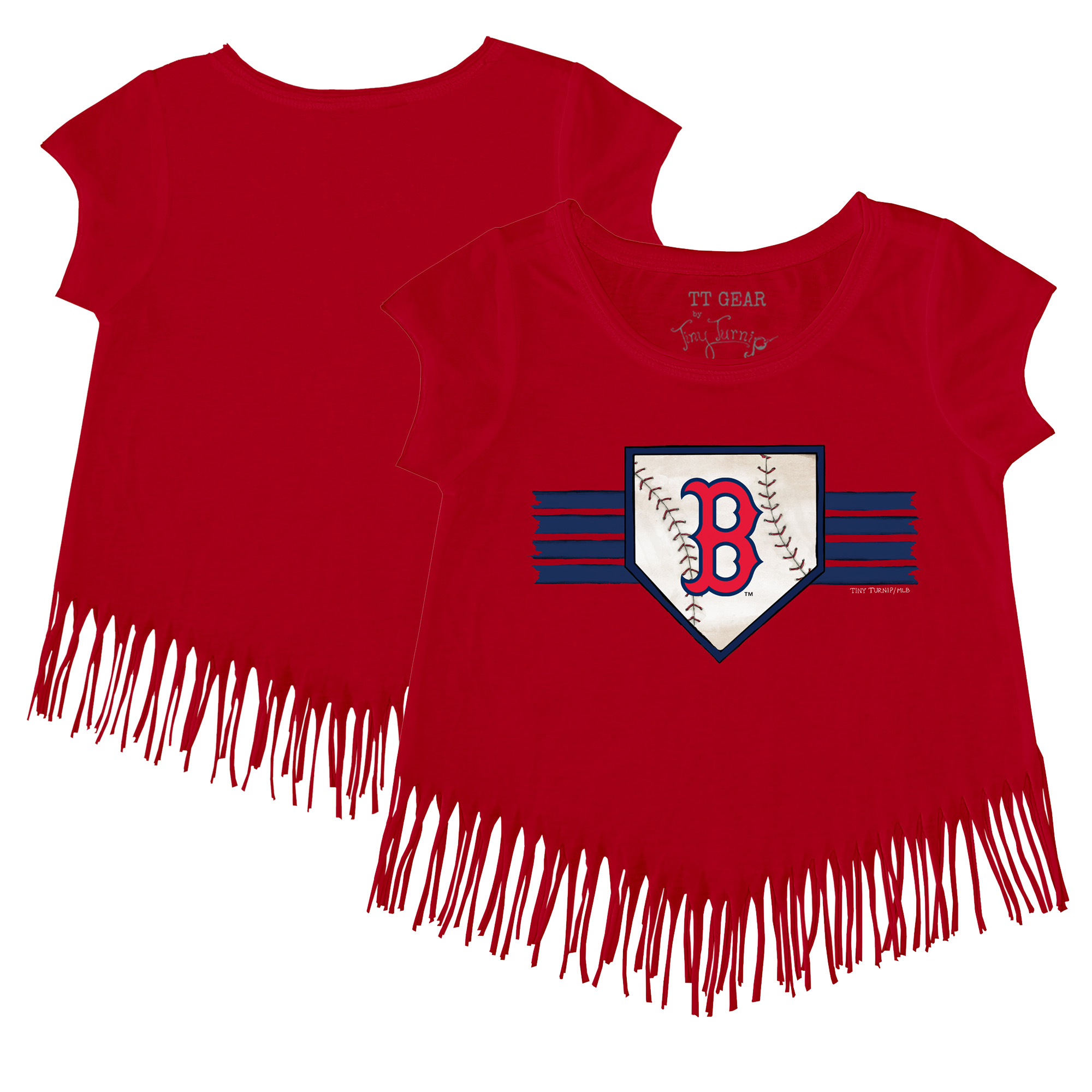 Girls Youth Tiny Turnip Red Boston Red Sox Base Stripe Fringe T-Shirt
