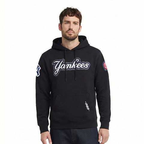 MLB NEW YORK YANKEES DIY PICK STITCH MEN'S DOUBLE KNIT PULLOVER HOODIE (BLACK)