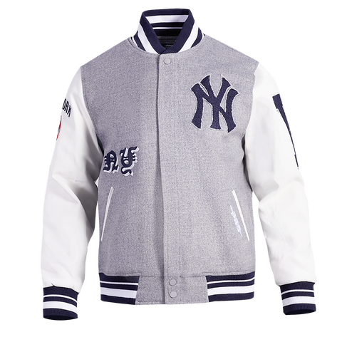 MLB NEW YORK YANKEES OLD ENGLISH MEN'S RIB WOOL VARSITY JACKET (HEATHER GREY/WHITE/MIDNIGHT NAVY)